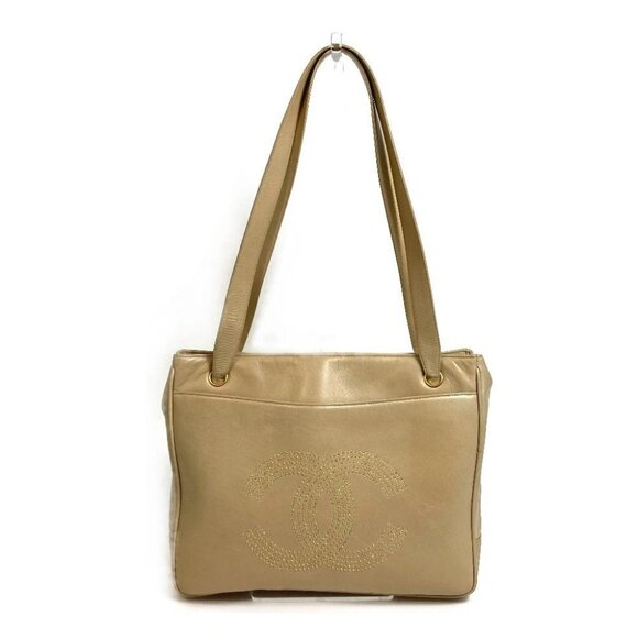 CHANEL CC logo Studs Shoulder Bag Shoulder Bag Tote Bag Lambskin Beige - Picture 1 of 13